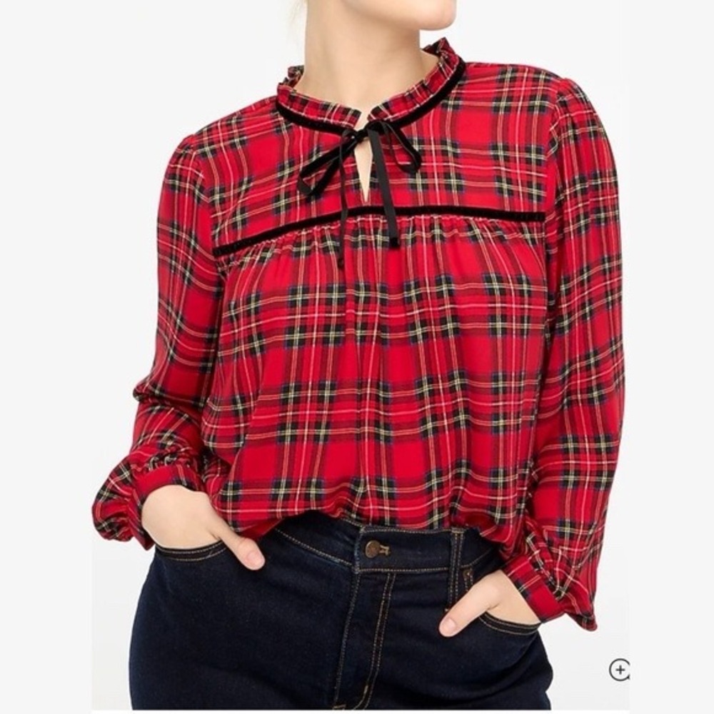 J.Crew Tartan Plaid Blouse Women M Red Festive Velvet Tie Neck Party Holiday